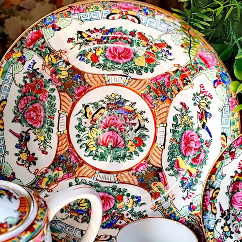 Vintage Chinese Rose Medallion porcelain tea set, handpainted