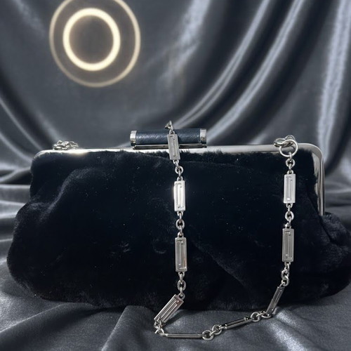 Fur shoulder bag new, black with metal chain