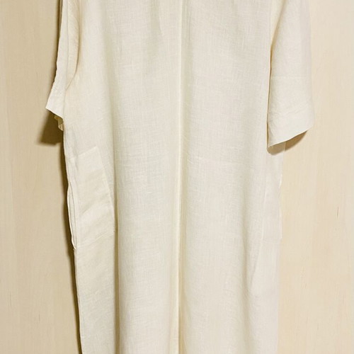 Mariluna Linen Long Dress New, White with Gold-Brown Details