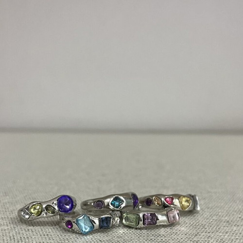 Vintage Atelier women's chunky adjustable rings set of 3, multicolor silver
