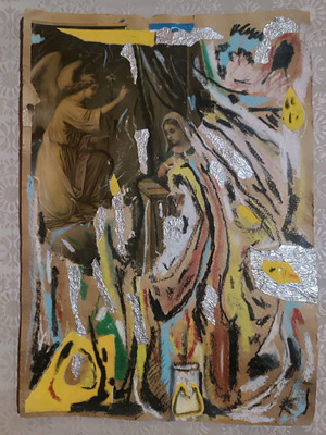 Mixed media art custom order, collage on old cardboard 39x28 cm