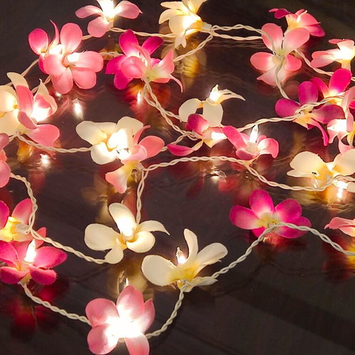 Lighted Garland 4m with Orchid Flowers used, fuchsia pink ecru