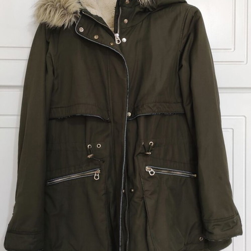 ZARA green parka jacket with fur lining, waterproof, size M