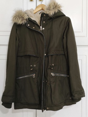 ZARA green parka jacket with fur lining, waterproof, size M