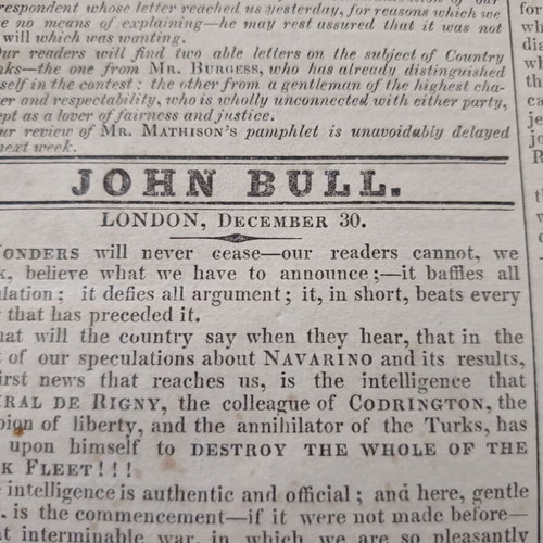 John Bull English Newspaper 1827 like new with Battle of Navarino