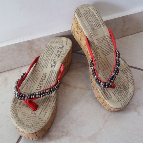 Platforms like new with unique decorated motif and beads, size 37, beige and red