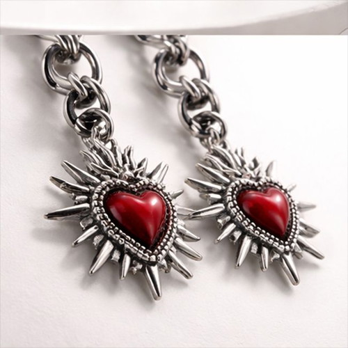 Steel earrings with Byzantine weave and red embossed hearts new