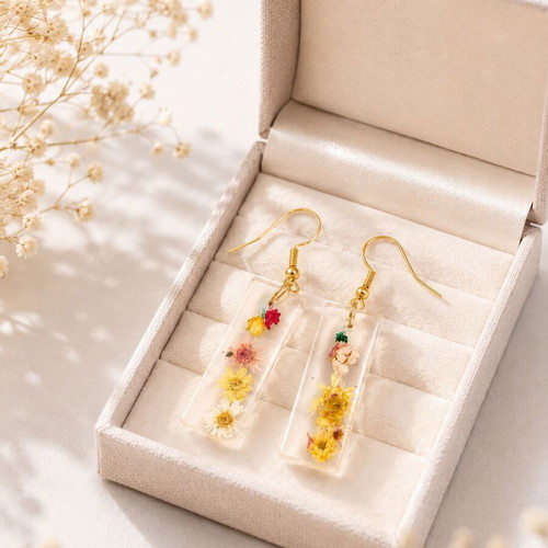 Resin Earrings Handmade with Real Pressed Flowers, Colorful