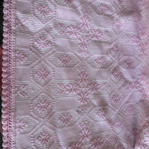 Wool woven blanket new with handmade lace edging pink