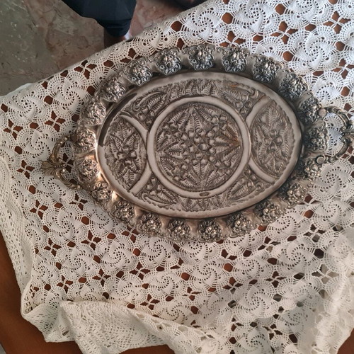 Serving tray old handmade silver-plated used 49x30cm