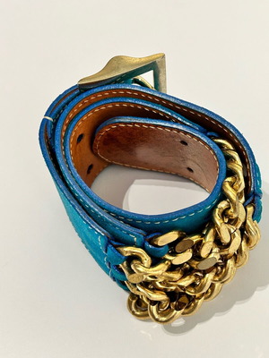 Dsquared2 leather belt used, blue and gold