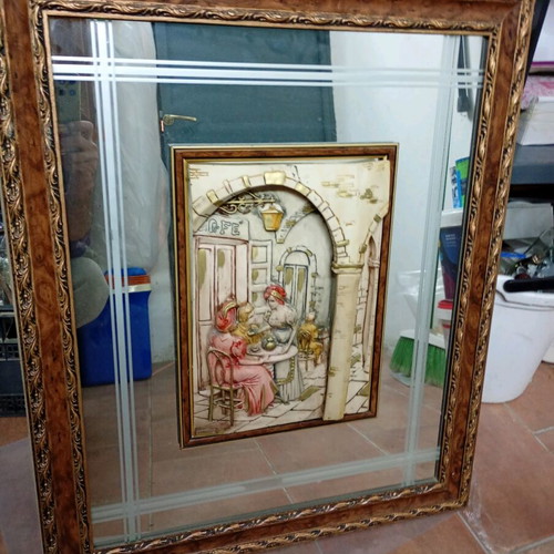 Mirror with plaster decorative scene like new, 50x70