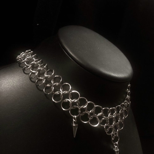 Chainmail necklace with spikes handmade, new, silver stainless steel