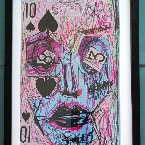 Black Jack modern art collage print in black frame 21x31