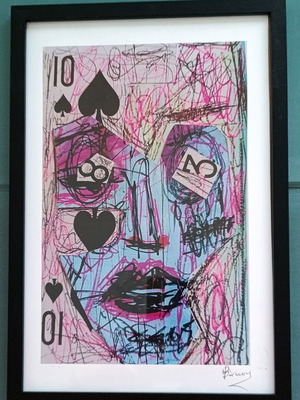 Black Jack modern art collage print in black frame 21x31