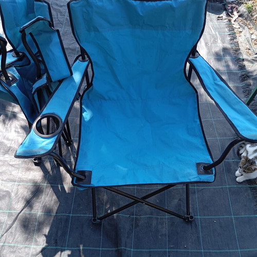 Folding beach chairs used, set of 3, blue and green
