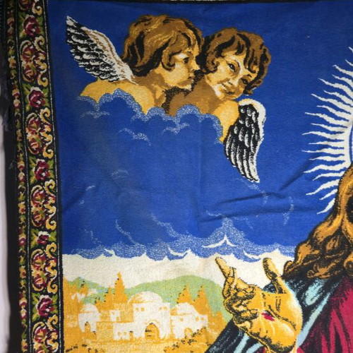 Vintage woven wall tapestry depicting Jesus with angels, like new