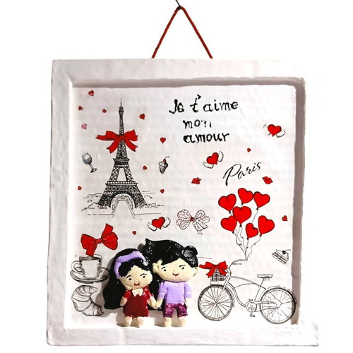 Handmade Saint Valentine frame with loving couple in Paris, new