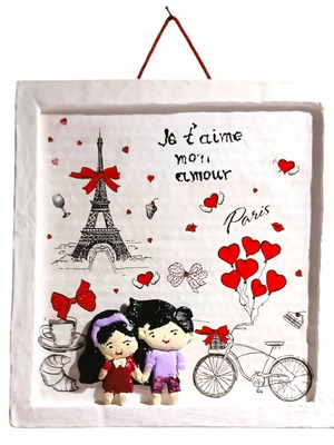 Handmade Saint Valentine frame with loving couple in Paris, new
