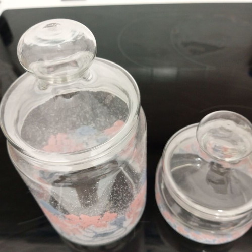 Glass jars set with pink-blue design for bulk materials, new