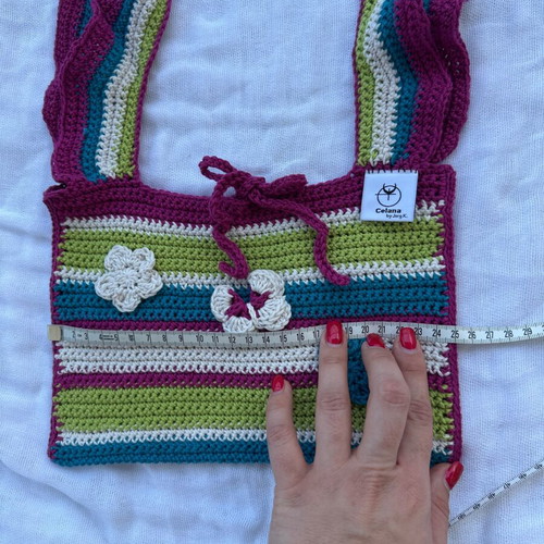 Knitted shoulder bag new, colorful with 3D flowers and butterflies