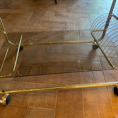 Italian 70s Trolley Bar Cart like new with smoked crystal and gold frame