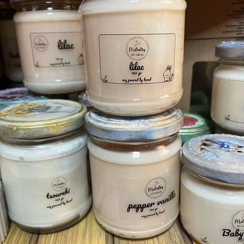 Soy Candles in Two Sizes with or without Decoupage Lid, Various Scents