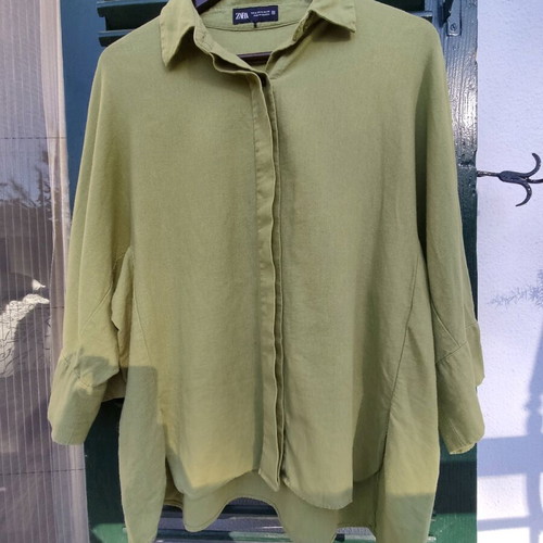 Zara linen mix green oversized shirt M