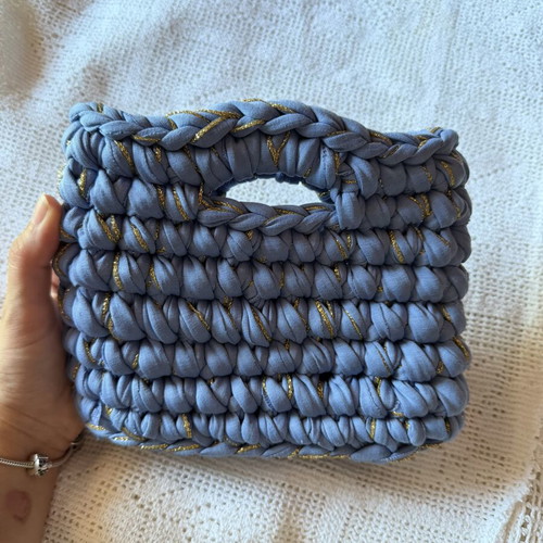 Small handmade knitted handbag, blue and gold