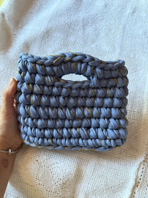 Small handmade knitted handbag, blue and gold