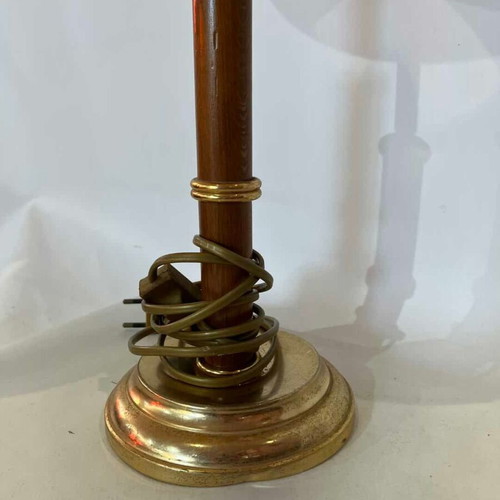 Vintage brass and wood table lamp with embroidered multicolour lampshade