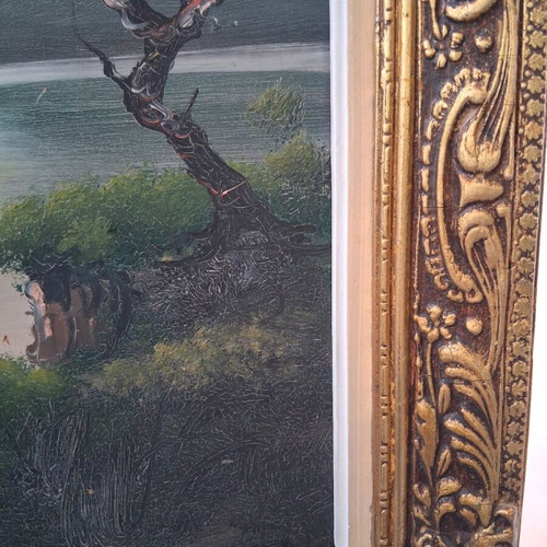 Oil painting "Landscape" with lake, vintage, gold carved frame