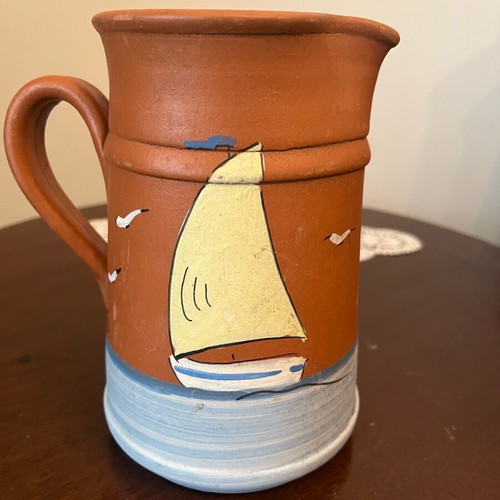Handmade ceramic jug with painted island landscape, new