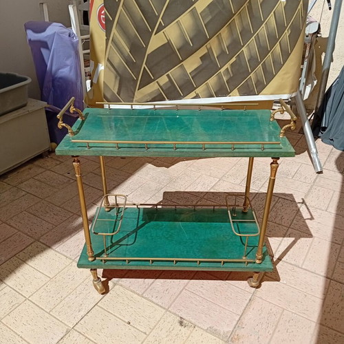Vintage bar cart with brass details, green