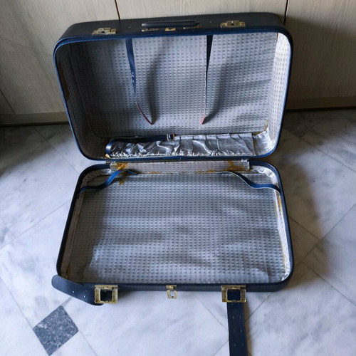 Vintage leather suitcase used, blue
