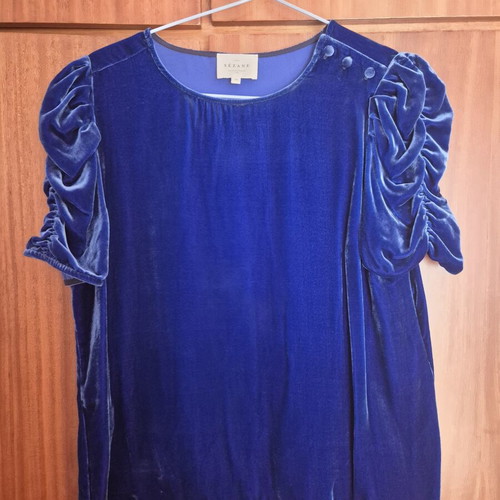 Sezane velvet blouse with sleeve ruching, new, blue, size L