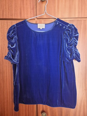 Sezane velvet blouse with sleeve ruching, new, blue, size L