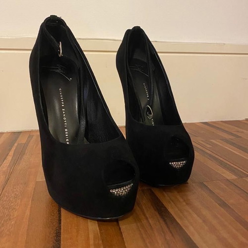 Giuseppe Zanotti black suede peep toe shoes with Swarovski crystals used, size 40