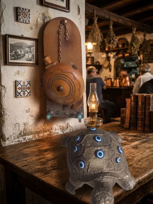 Handmade wooden wall flask folk art & decorative turtle with eyes
