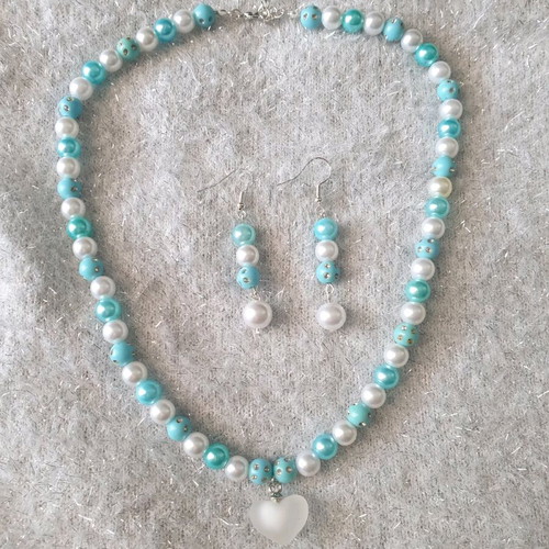 Handmade beaded turquoise and white summer necklace and earrings set new