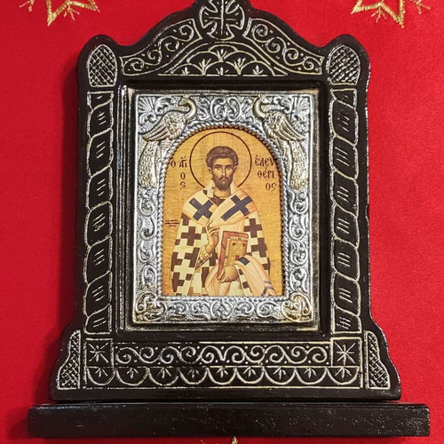 Byzantine icon of Saint Eleftherios on wooden base with metal frame new