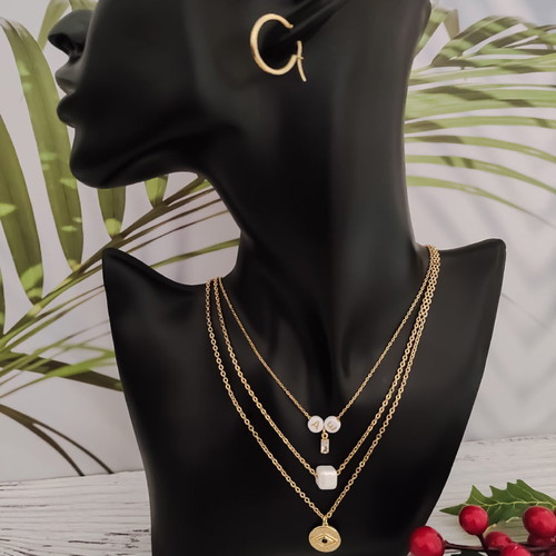 Steel layered necklace gold plated with evil eye, crystal, ceramic stone and monogram new