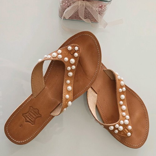 Ancient Greek Sandals leather sandals new, size 40, beige with pearls