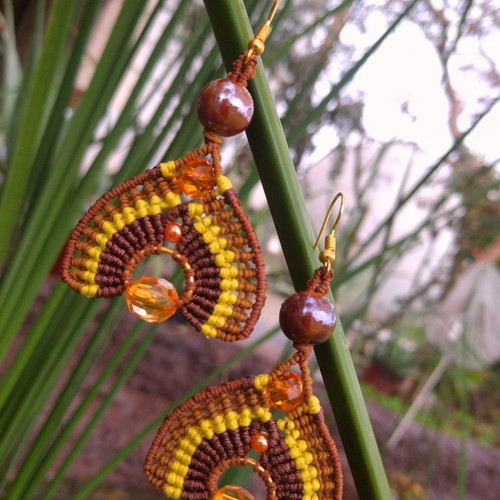 Oleander earrings with macrame art, beads, handmade, new
