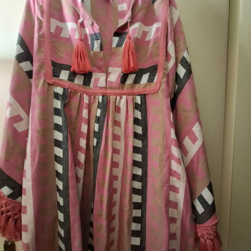 C-Throu dress new, cotton, with fringes and unique sleeves, white and pink