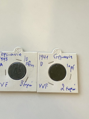 Collectible 2 German 10pf coins 1941 & 1943 used, in case