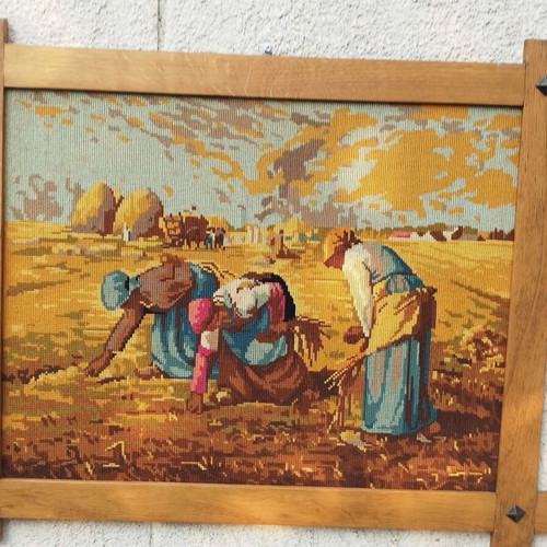 Hand-embroidered painting The Gleaners used with oak frame