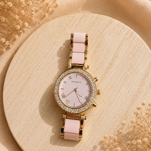 Amuda women's watch rose gold with pink details and rhinestones like new
