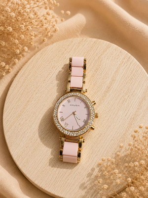 Amuda women's watch rose gold with pink details and rhinestones like new