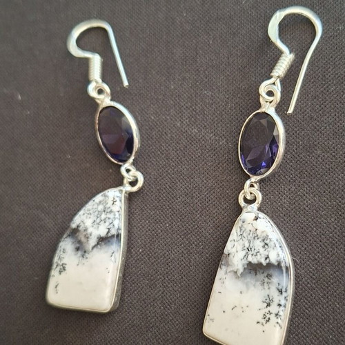 Earrings with semi-precious opal and dendritic stones, new